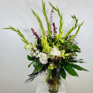 green gladiolus, white hydrangea, white stock, green cymbidium orchids, leucadendron