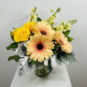 Peach gerbera daisies, yellow roses, yellow stock arranged in a ginger jar designed by La Paloma Blanca Floral Designs