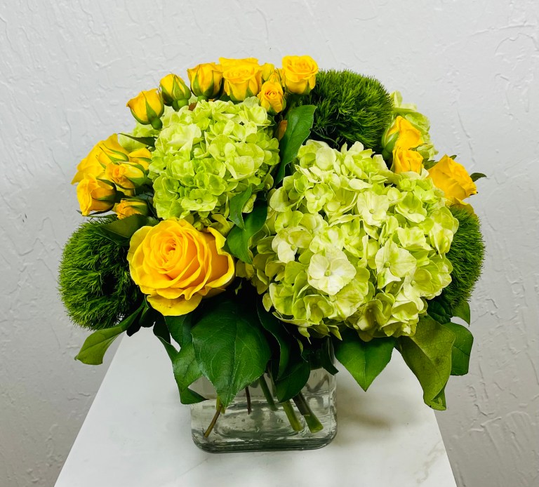 clear cube vase with yellow roses, yellow spray roses, green trick, and green hydrangea designed by La Paloma Blanca Floral Designs in Scottsdale AZ