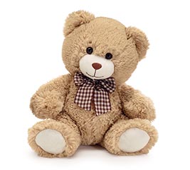 soft brown teddy bear with gingham bowtie