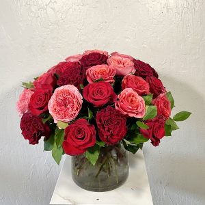 rounded roses of hot pink, red, burgundy, and coral in a large cylinder vase