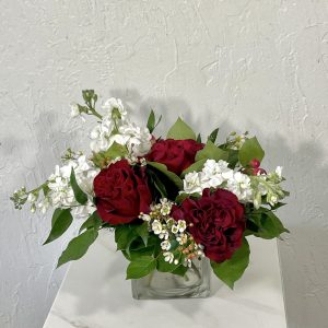 This classic Valentine’s arrangement is sure to please. A 4×4 cube is filled with roses, stock, and hypericum berries.